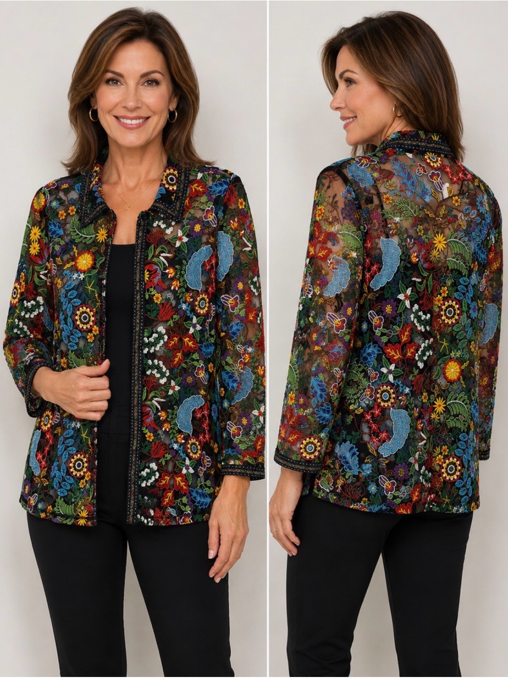 Vintage Berek Embroidered Sheer Mesh Floral Jacket Blouse Size L Colorful